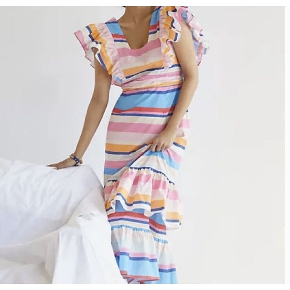 NWT Plenty By Tracy Reese Anthropologie Rainbow Striped Ruffle Midi Dress M